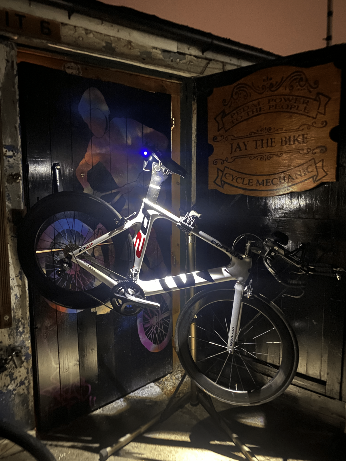 A customised bicycle with extra lights.