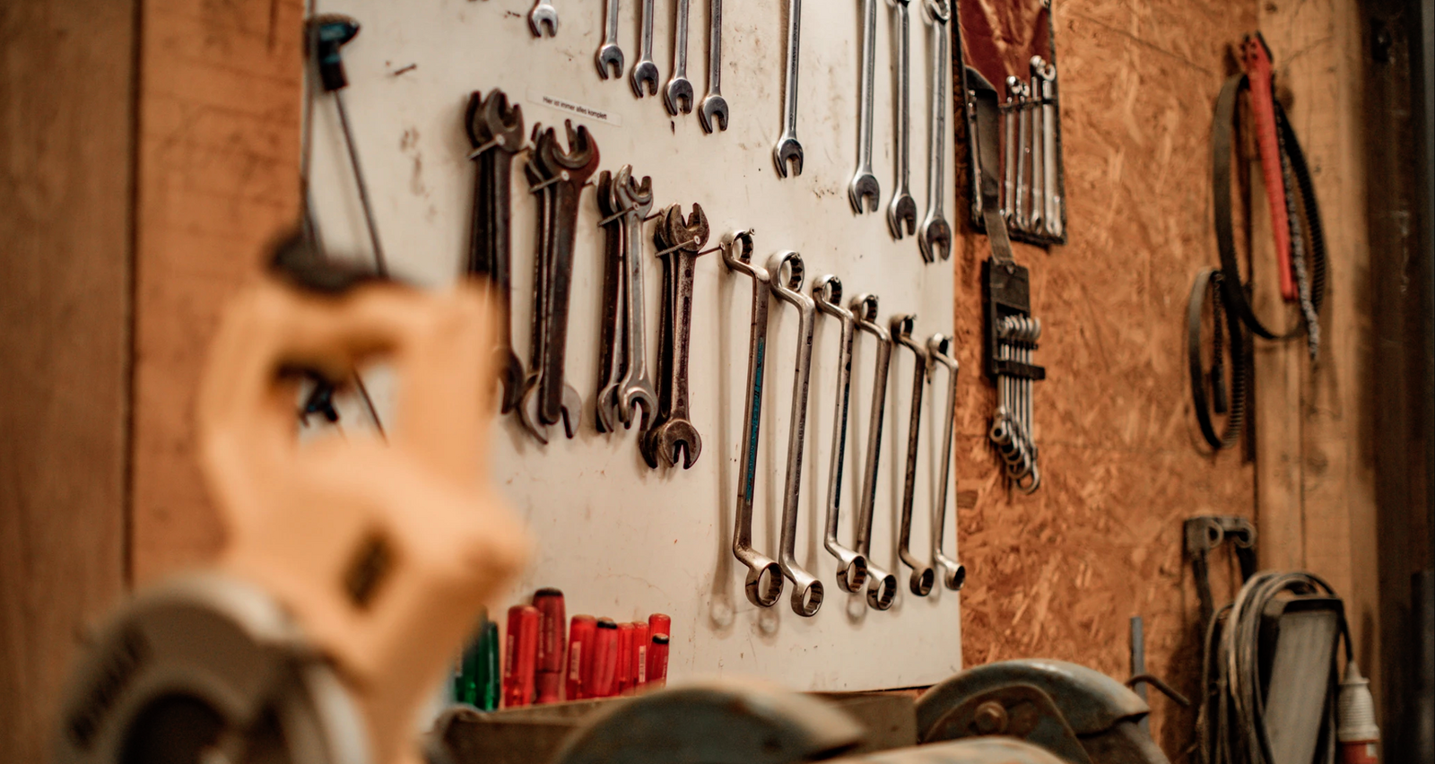 Wrenches and spanners in a workshop.